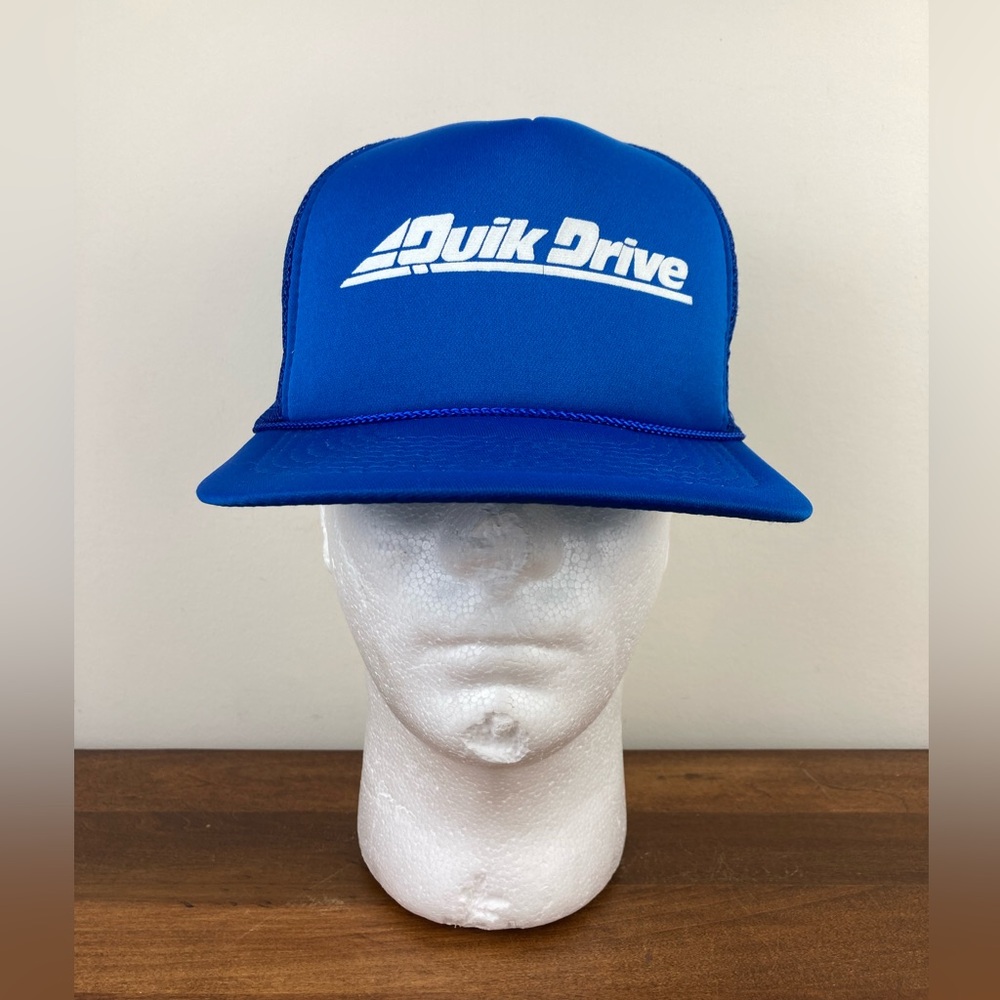 Quik Drive Speedway Blue Racing Trucker Hat Rope Snapback Cap Flat Bill VGC.